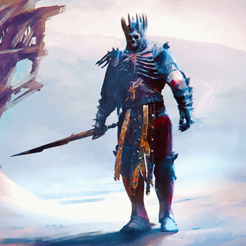 A Painting Of A Skeleton With A Crown And A Sword GIF