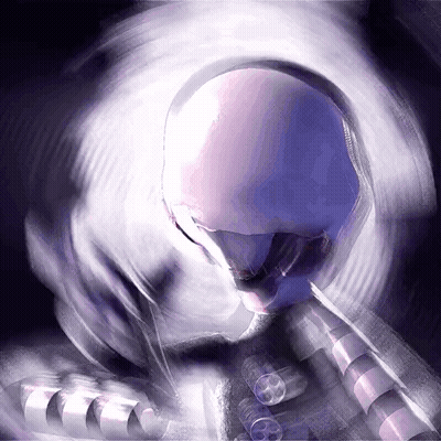 A Painting Of A Skeleton With A White Head And A Purple Background GIF