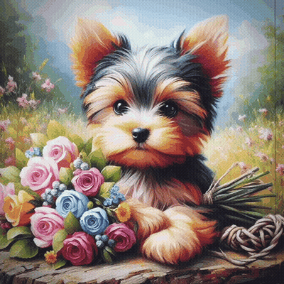 A Painting Of A Small Dog Holding A Bunch Of Flowers GIF