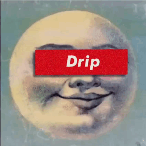 A Painting Of A Smiling Moon With A Red Drip Label On It GIF