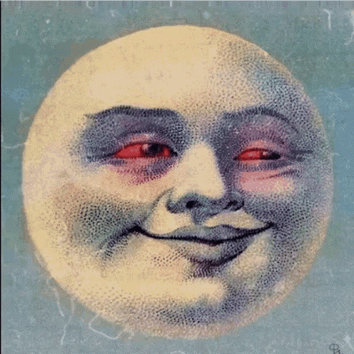 A Painting Of A Smiling Moon With Red Eyes And The Letter B On The Bottom GIF