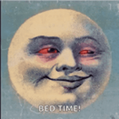 A Painting Of A Smiling Moon With Red Eyes And The Words Bed Time Written Below It GIF