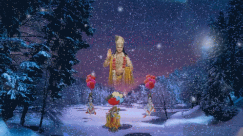 A Painting Of A Snowy Forest With A Statue Of A Deity In The Background GIF