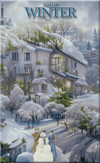 A Painting Of A Snowy Village With The Words Hallo Winter On The Bottom GIF