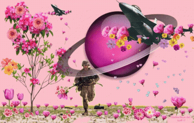 A Painting Of A Soldier Surrounded By Pink Flowers And A Purple Planet GIF