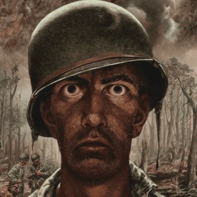 A Painting Of A Soldier Wearing A Helmet And Looking At The Camera GIF