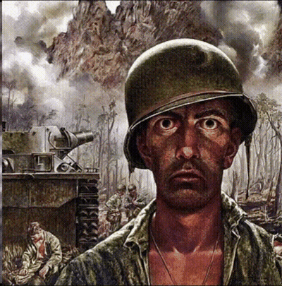 A Painting Of A Soldier Wearing A Helmet And Looking At The Camera GIF
