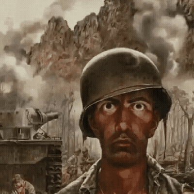 A Painting Of A Soldier Wearing A Helmet In A Battle Scene . GIF