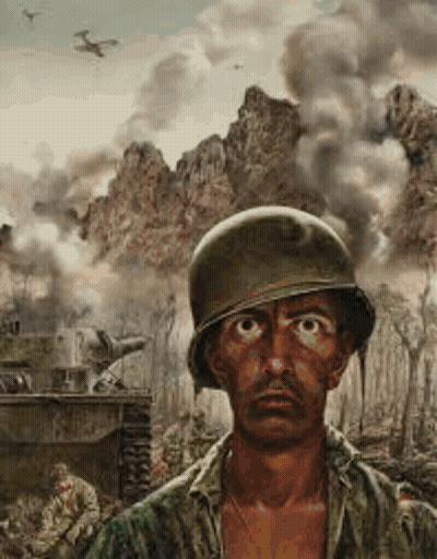 A Painting Of A Soldier Wearing A Helmet In Front Of A Tank . GIF
