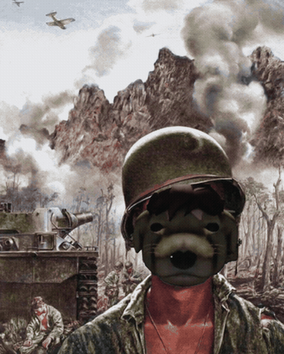 A Painting Of A Soldier With A Cat Mask On GIF