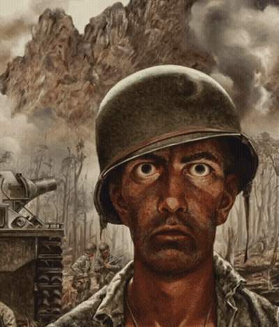 A Painting Of A Soldier With A Helmet On His Head GIF