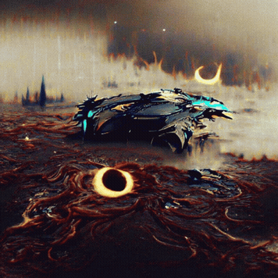 A Painting Of A Space Ship With Two Black Holes In The Middle GIF