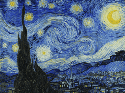A Painting Of A Starry Night Sky With A Crescent Moon In The Middle GIF