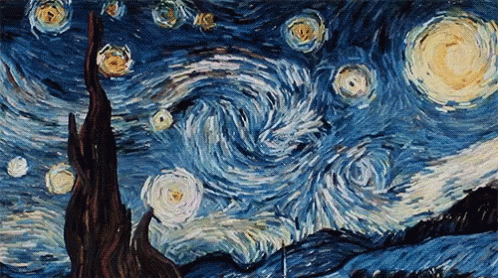 A Painting Of A Starry Night Sky With A Tree In The Middle GIF