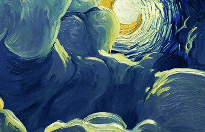 A Painting Of A Starry Night Sky With Clouds And A Full Moon GIF