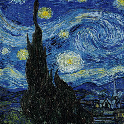 A Painting Of A Starry Night Sky With Trees In The Foreground And A Church In The Background GIF