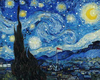 A Painting Of A Starry Night With A Flag On A Pole In The Foreground GIF