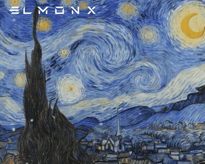 A Painting Of A Starry Night With Elmon X Written In White GIF