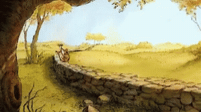 A Painting Of A Stone Wall In A Field With Trees In The Background GIF