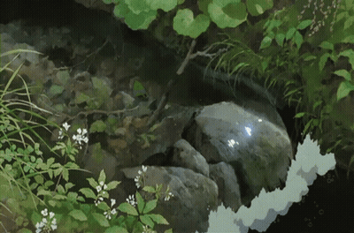A Painting Of A Stream With Rocks And Plants GIF