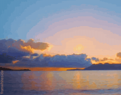 A Painting Of A Sunset Over A Body Of Water With Franwhite.com Written On The Bottom GIF
