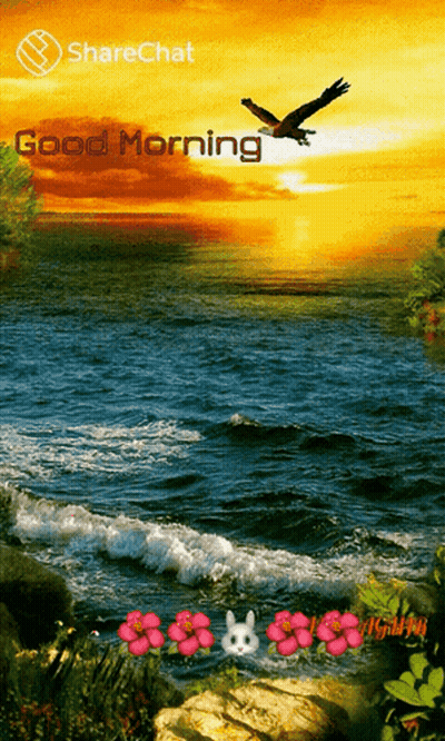 A Painting Of A Sunset Over A Body Of Water With The Words Good Morning On The Bottom GIF