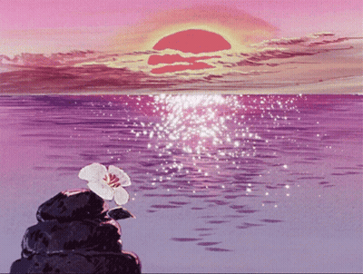 A Painting Of A Sunset Over The Ocean With A Flower On A Rock In The Foreground GIF