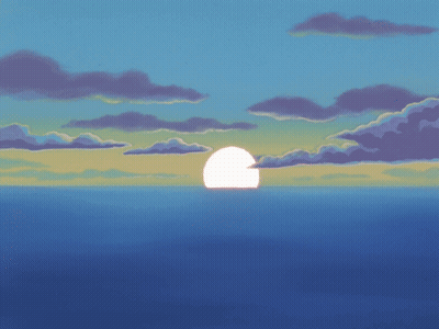 A Painting Of A Sunset Over The Ocean With Clouds GIF