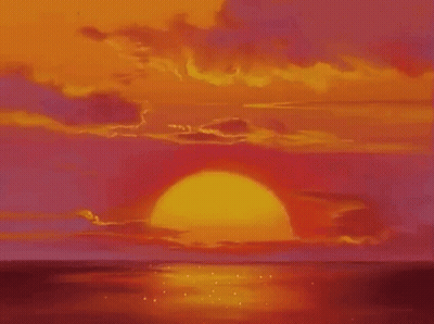 A Painting Of A Sunset Over The Ocean With The Sun Shining Through The Clouds . GIF
