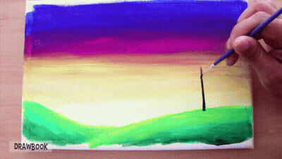 A Painting Of A Sunset With Drawbook Written Below It GIF