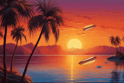 A Painting Of A Sunset With Palm Trees And Hot Dogs GIF