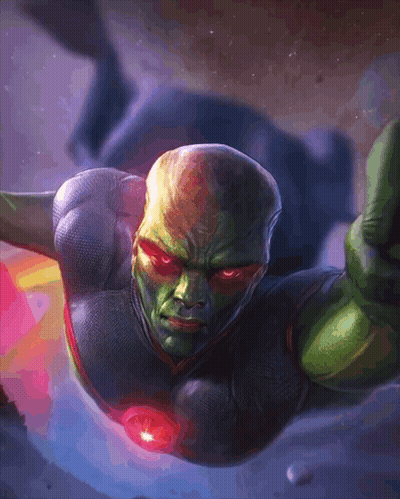 A Painting Of A Superhero With Red Eyes Flying Through Space GIF