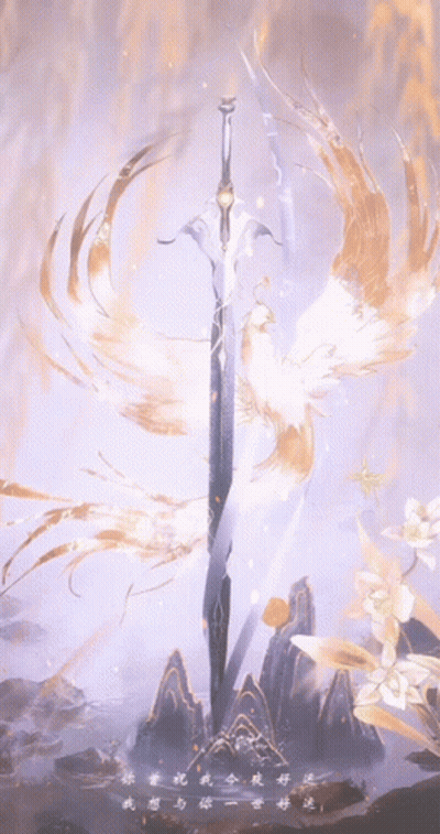 A Painting Of A Sword Surrounded By Flowers And Chinese Writing GIF