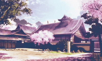 A Painting Of A Temple With A Tree In The Foreground And The Words " Katsu / Tumblr " On The Bottom GIF