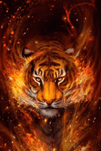 A Painting Of A Tiger With Flames Around It GIF