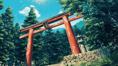 A Painting Of A Torii Gate In A Forest GIF