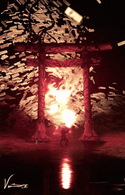 A Painting Of A Torii Gate With The Letters V And T On The Bottom Left GIF