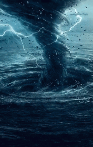 A Painting Of A Tornado In The Middle Of The Ocean With Lightning Coming Out Of It GIF