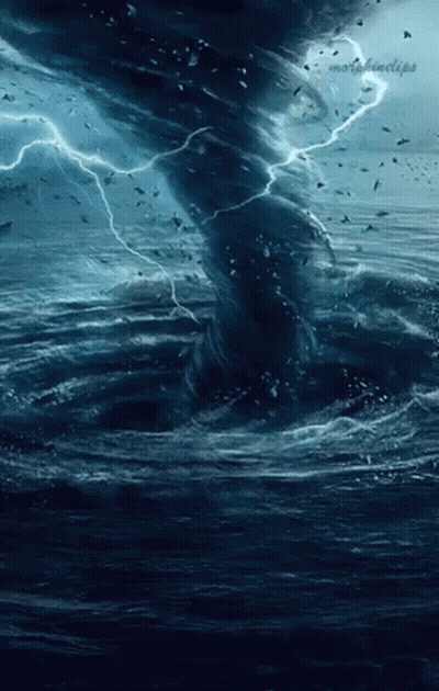 A Painting Of A Tornado In The Ocean With Lightning Coming Out Of It GIF