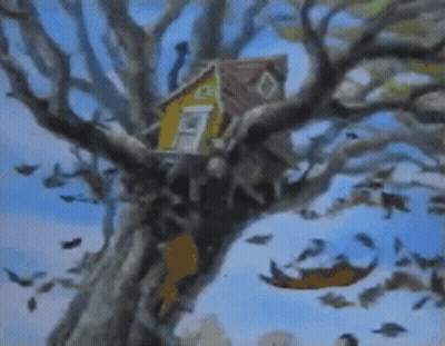 A Painting Of A Tree House On A Tree Branch GIF