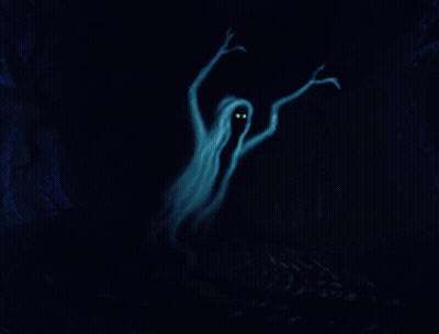 A Painting Of A Tree In A Dark Forest With A Yellow Light In The Background GIF