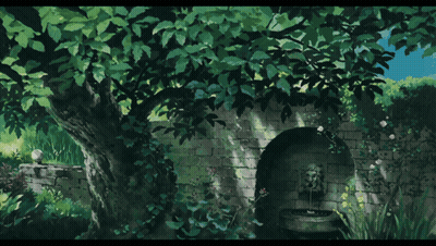 A Painting Of A Tree In A Garden With A Fountain GIF