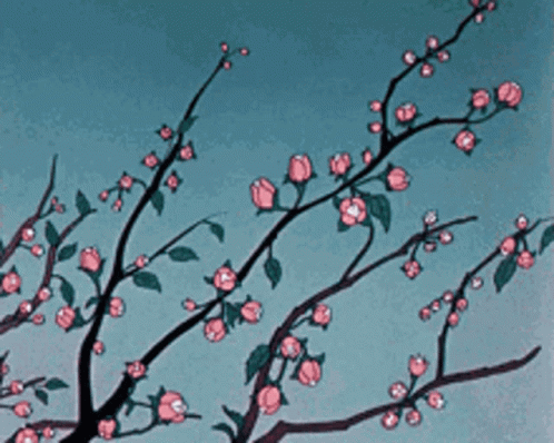 A Painting Of A Tree With Pink Flowers And Green Leaves GIF