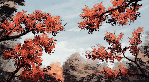 A Painting Of A Tree With Red Leaves Against A Blue Sky GIF