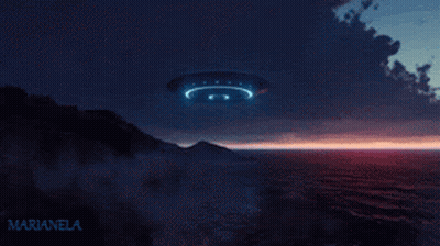 A Painting Of A Ufo Flying Over A Body Of Water With The Name Marianela On The Bottom GIF