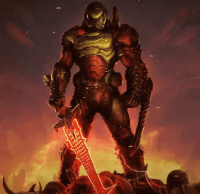 A Painting Of A Video Game Character Holding A Sword And A Gun GIF