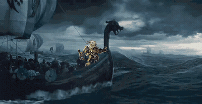 A Painting Of A Viking Ship With A Dragon On The Bow GIF