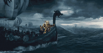 A Painting Of A Viking Ship With A Dragon On The Front GIF