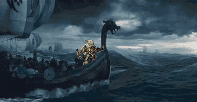 A Painting Of A Viking Ship With A Dragon On The Side GIF