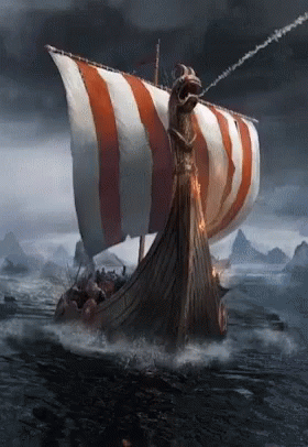 A Painting Of A Viking Ship With Red And White Stripes On The Sails GIF